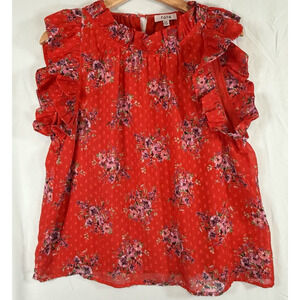 FATE Ruffle Floral Swiss Dot Red Blouse SIZE MEDIUM Womens Sleeveless Top Shirt